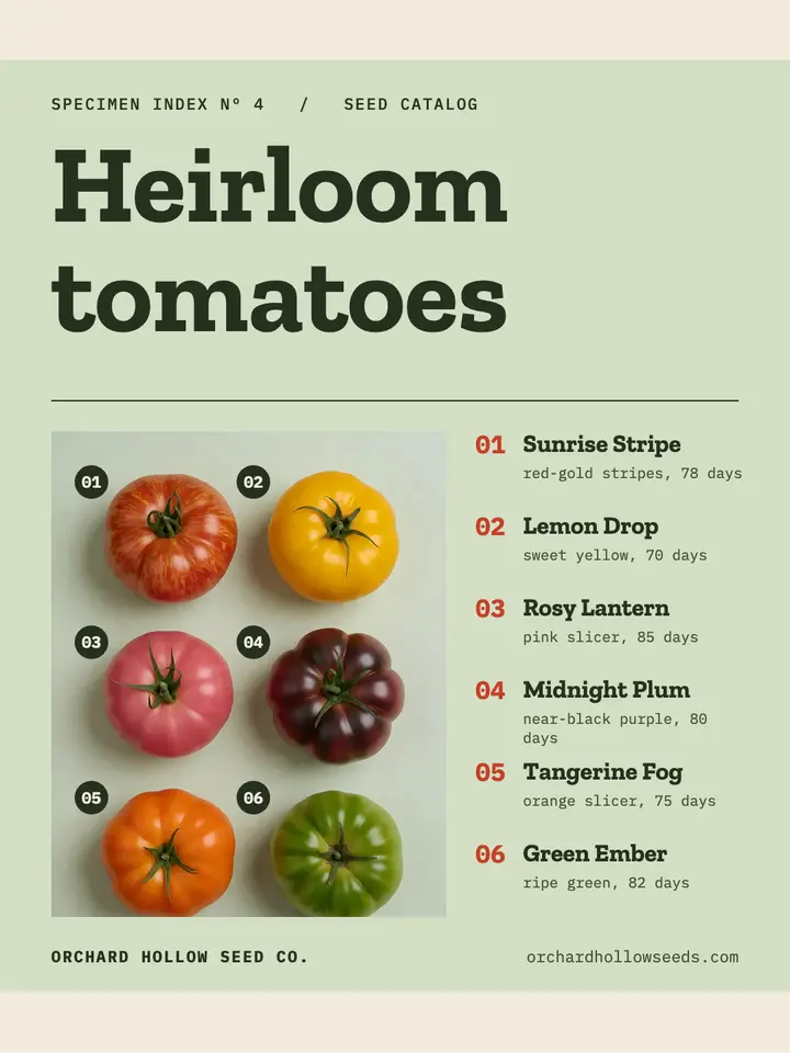 Orchard Hollow heirloom tomato seed catalog, specimen index template