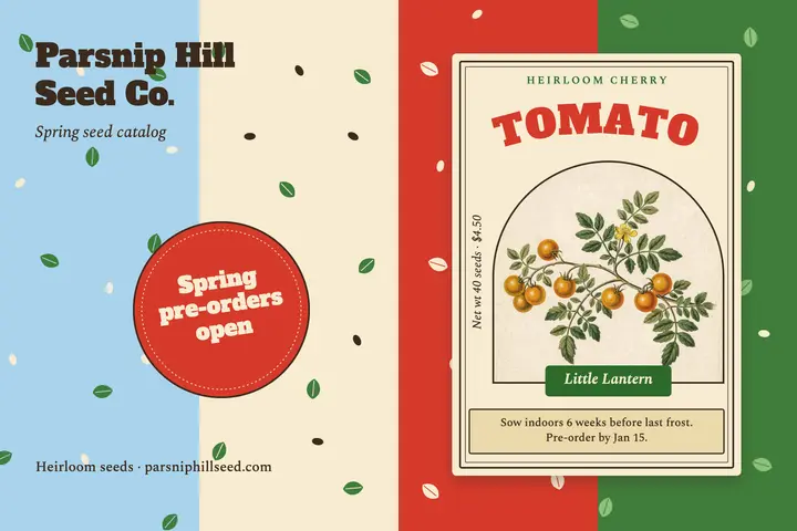 Heirloom tomato seed packet pre-order postcard template