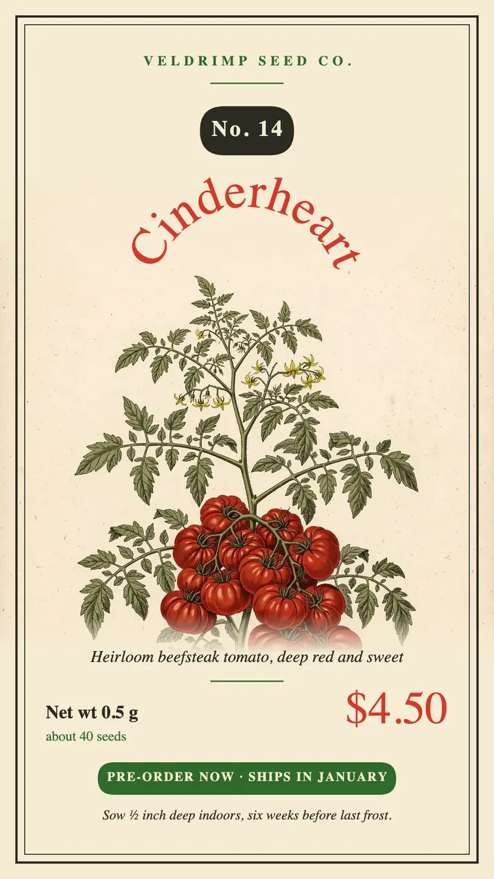 Cinderheart heirloom tomato seed packet pre-order story: seed pre-order story template