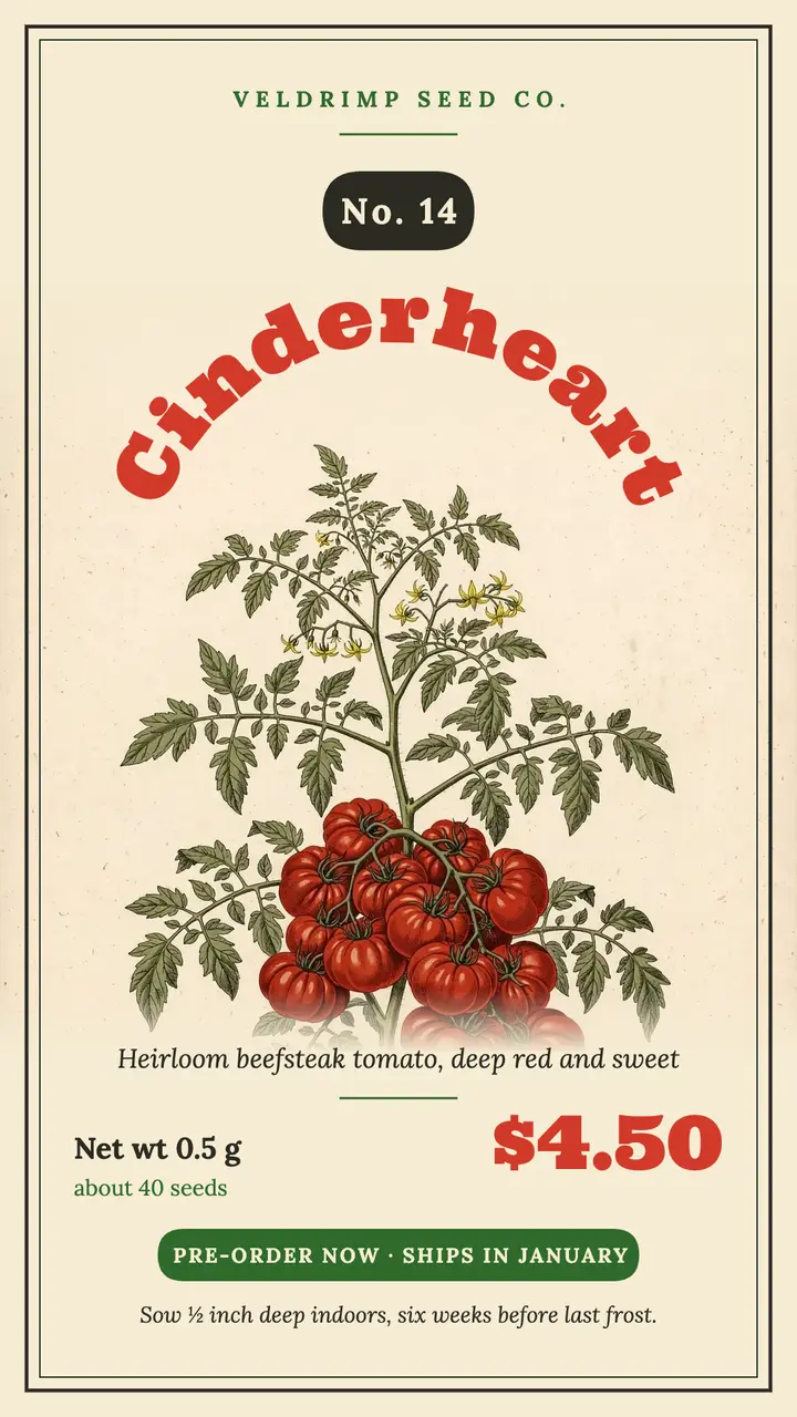 Cinderheart heirloom tomato seed packet pre-order story template