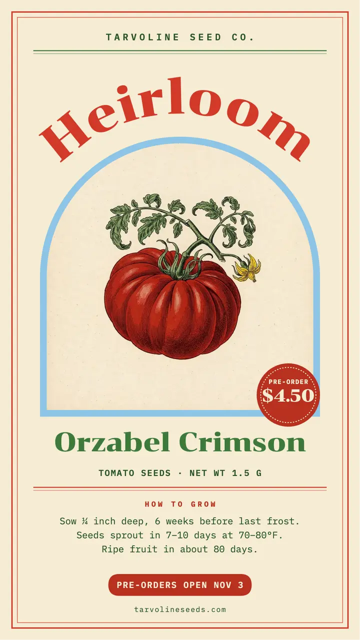 Heirloom tomato seed packet pre-order story template