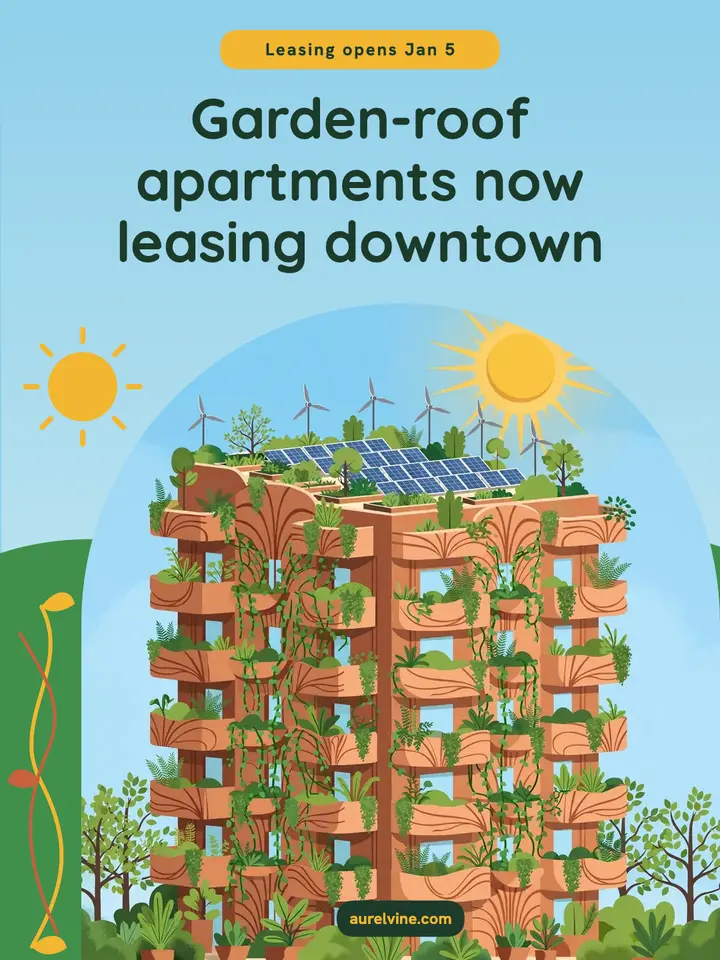 Garden tower now leasing, solarpunk portrait: apartment leasing post template