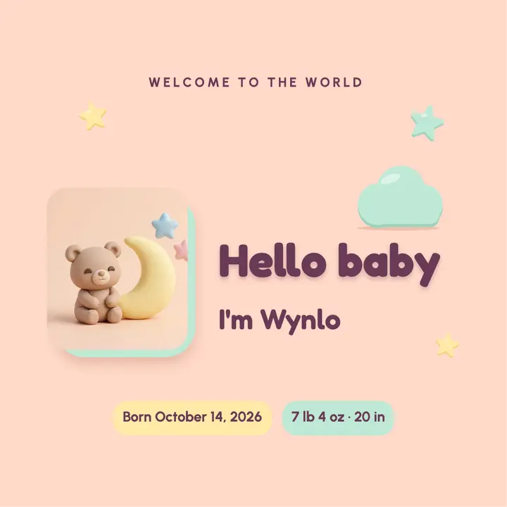 Hello baby announcement, clay bear template
