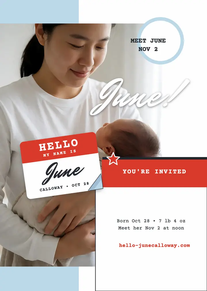 Hello June baby arrival invitation template