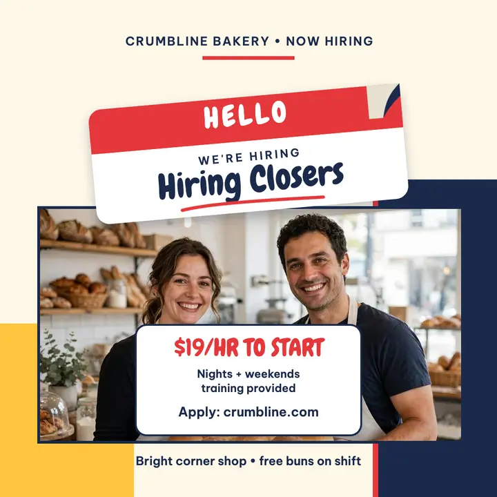 Crumbline Bakery hello hiring post: bakery hiring post template