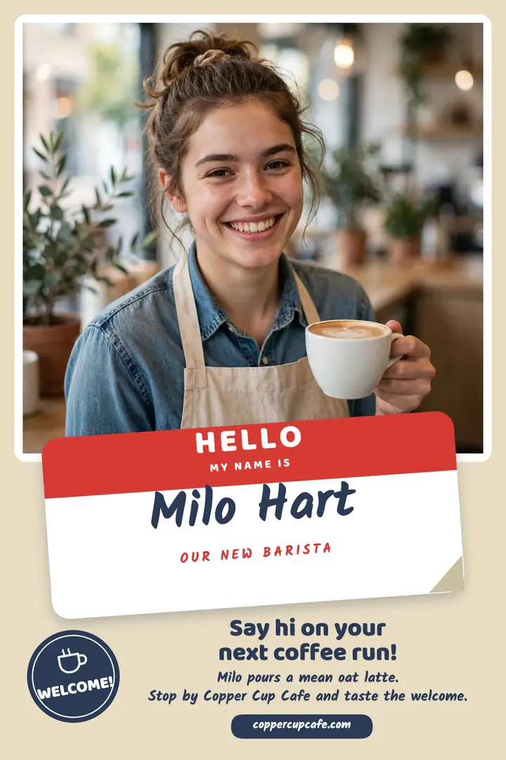 Hello Milo barista welcome poster template