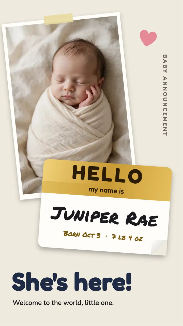 Hello Juniper baby announcement: baby announcement story template