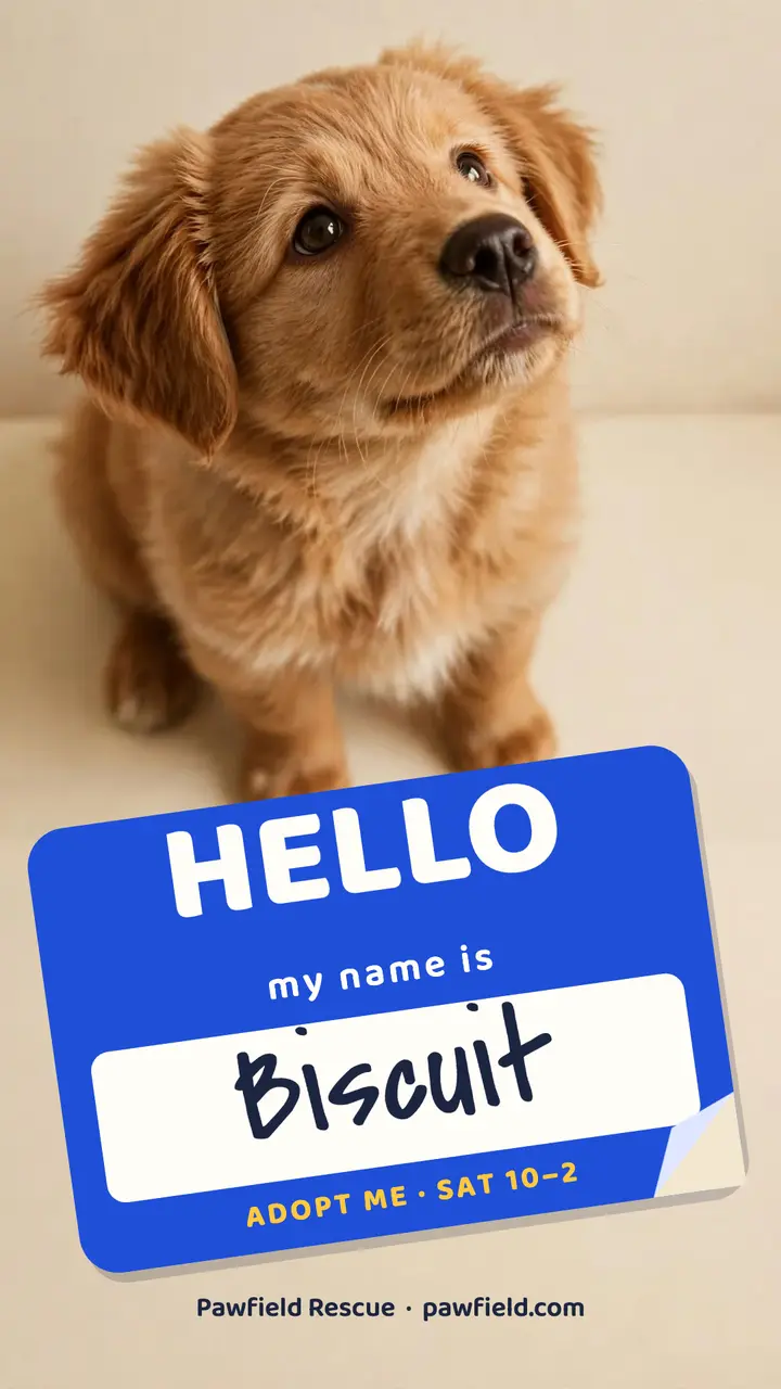 Pawfield Rescue hello name tag adoption story template