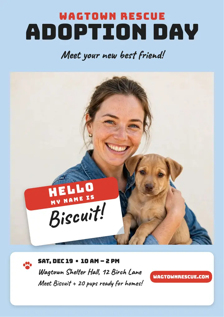Wagtown Rescue adoption day flyer with puppy name tag template