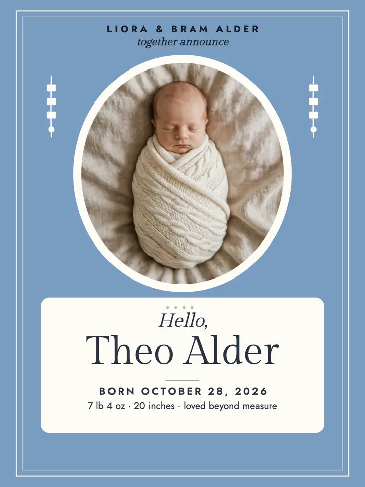 Hello Theo cameo baby announcement: baby announcement template