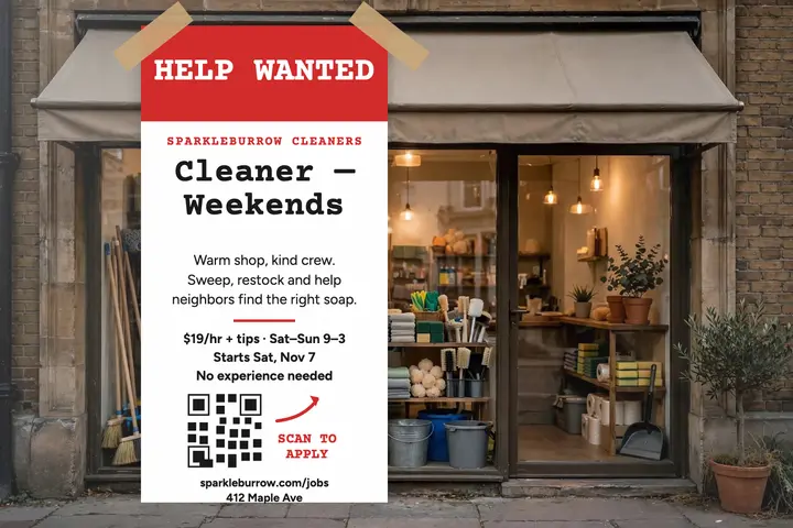 Sparkleburrow Cleaners help wanted card template