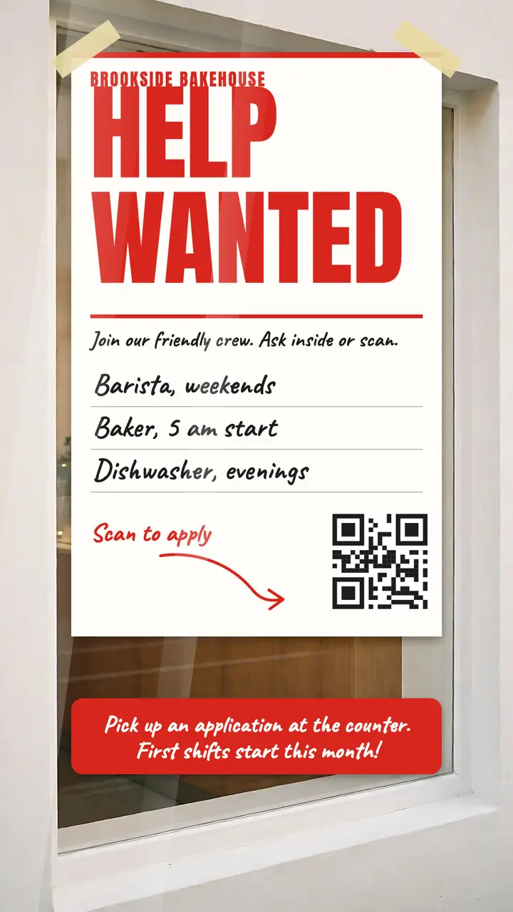 Brookside Bakehouse help wanted card template