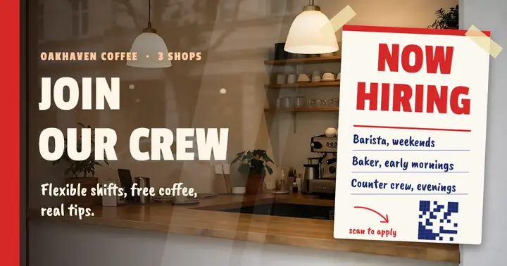 Oakhaven Coffee now hiring window card: now hiring post template