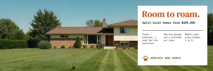 Hemlock Row split-level homes X header, sixties print ad template
