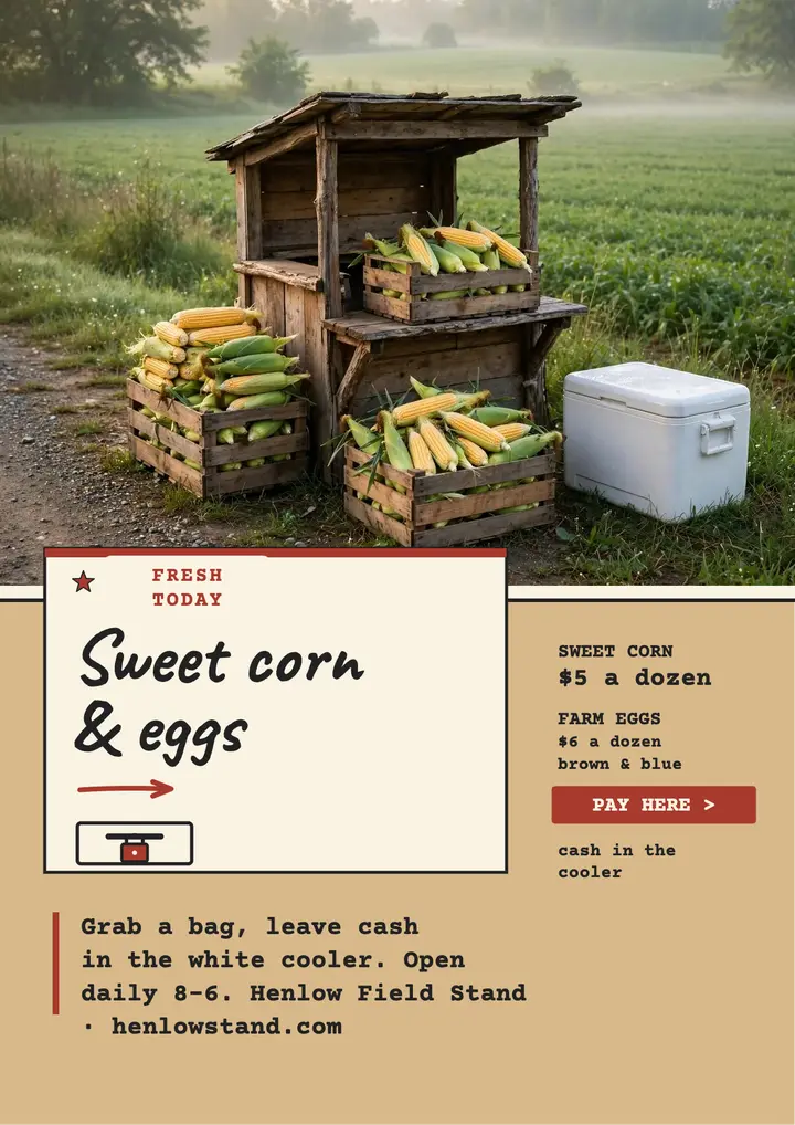 Henlow sweet corn honor stand flyer template