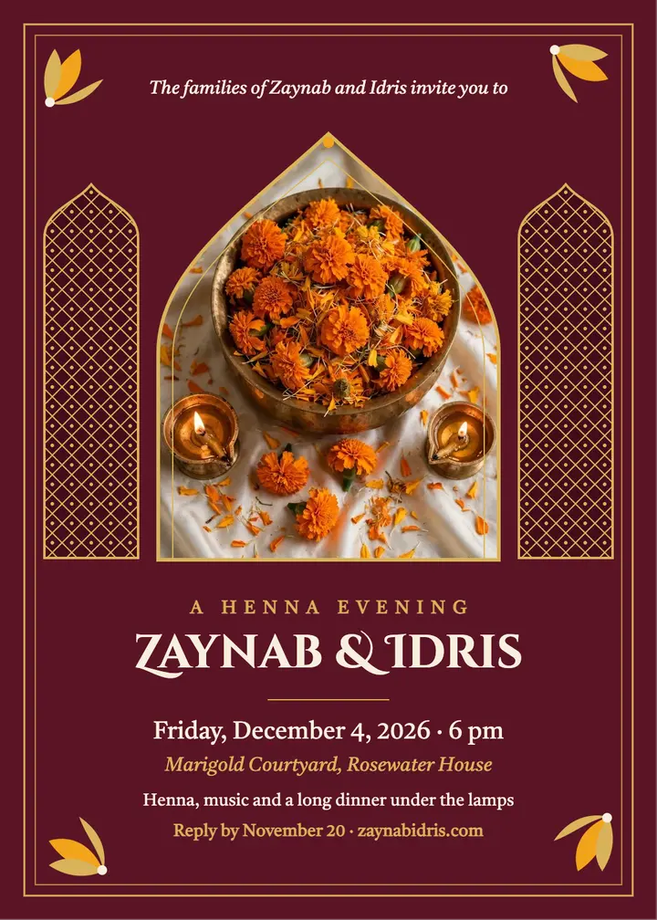 Zaynab and Idris henna evening invitation template