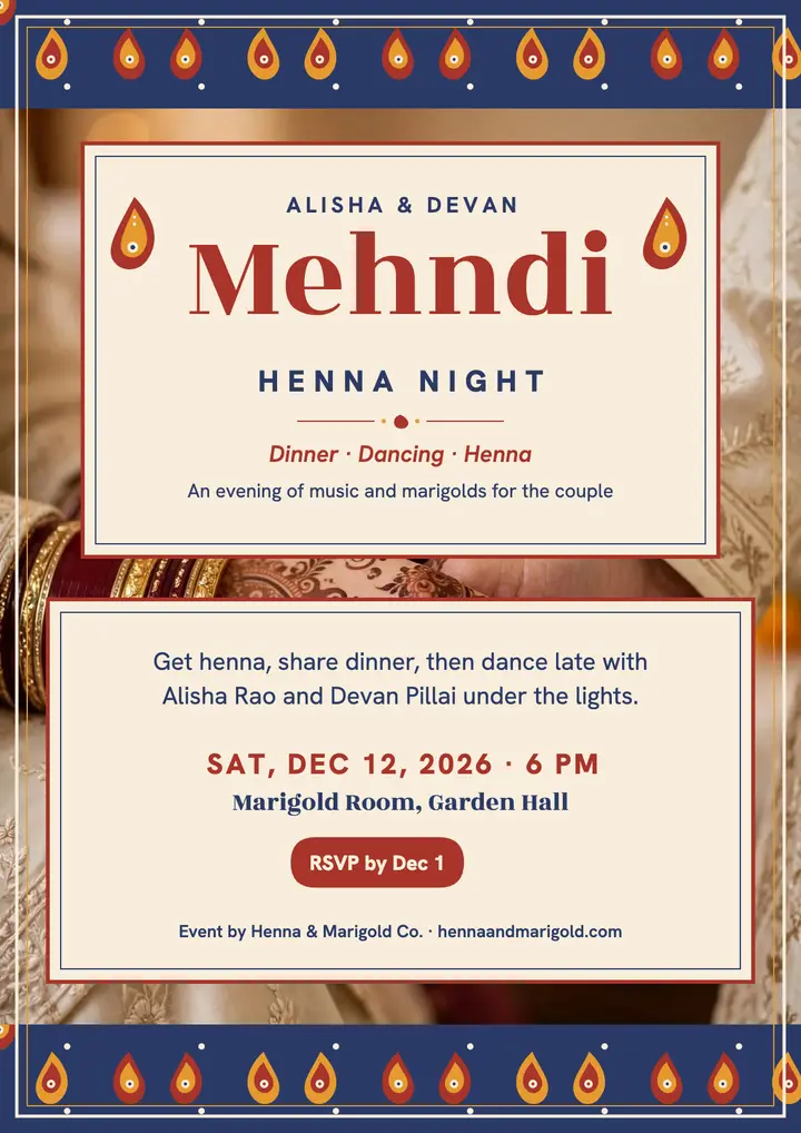 Alisha and Devan mehndi night paisley flyer template