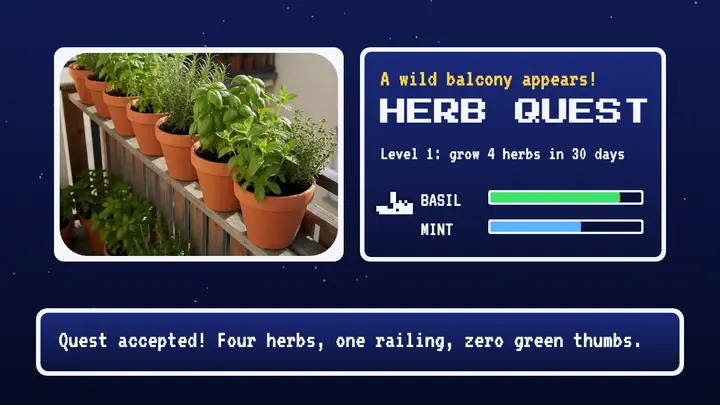 Pottingshed Quest herb garden thumbnail, RPG menu template
