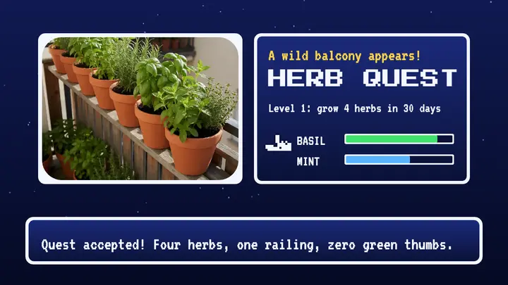 Pottingshed Quest herb garden thumbnail, RPG menu template