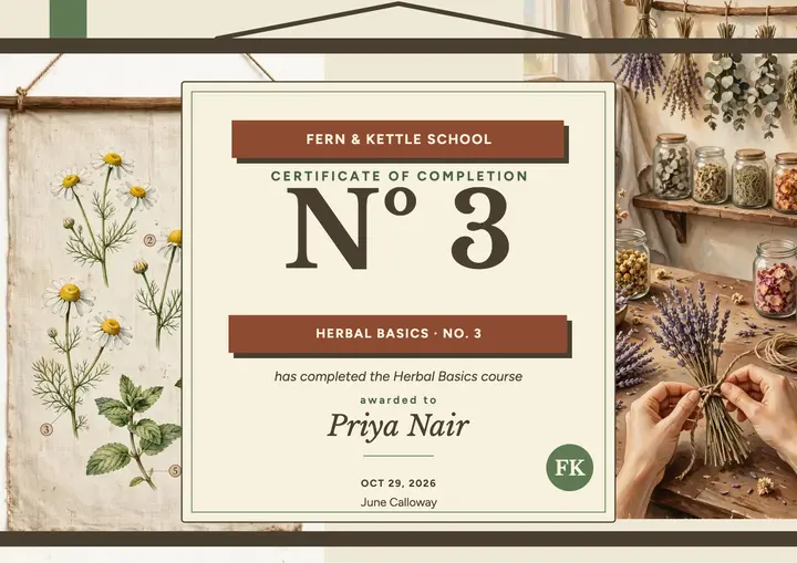 Fern and Kettle herbal basics certificate: herbal course certificate template