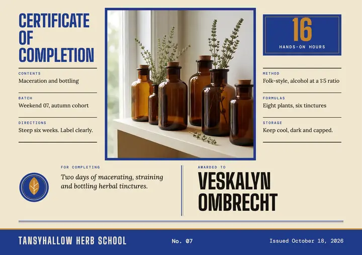 Herbal tincture course certificate, apothecary label template