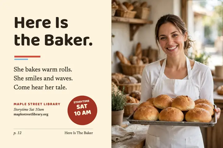Here Is The Baker postcard: library storytime postcard template