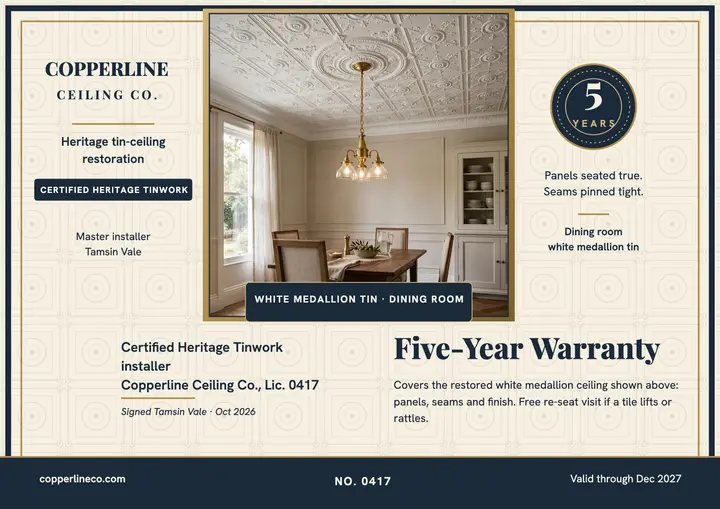Copperline heritage tin ceiling warranty certificate template
