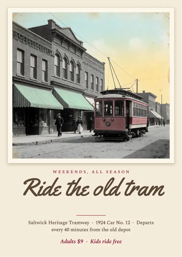 Heritage tram rides flyer, hand-tinted photo template