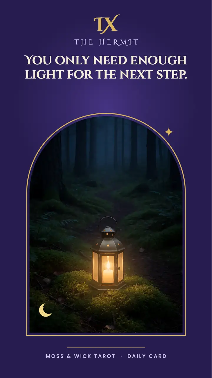 Moss & Wick Hermit card quote story, mystic tarot template
