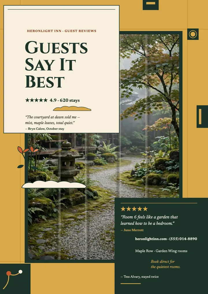 Heronlight Inn guest praise screen flyer template