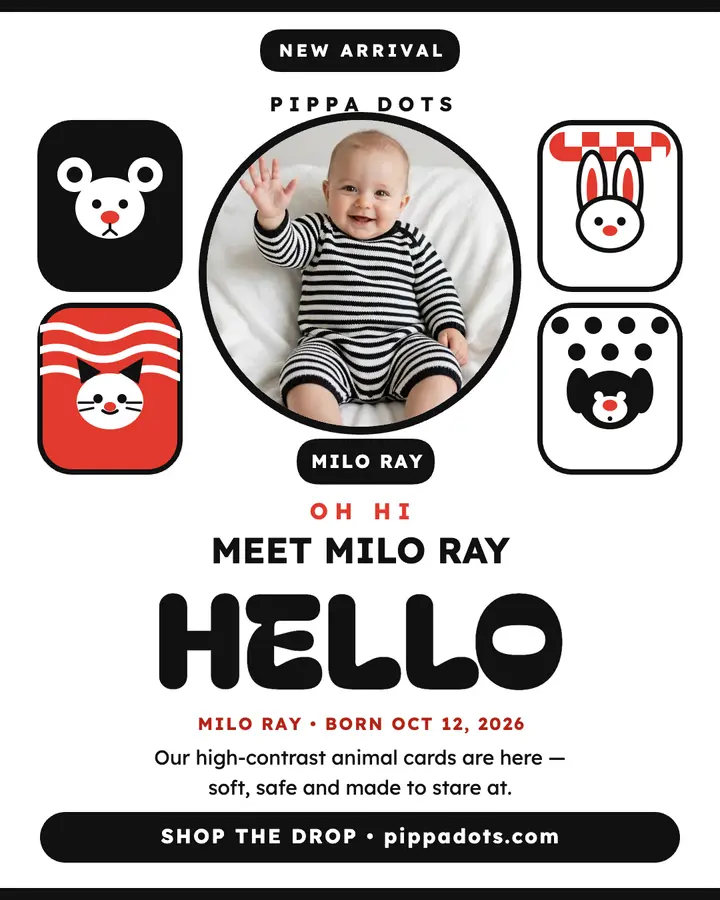 Pippa Dots high-contrast baby announcement template