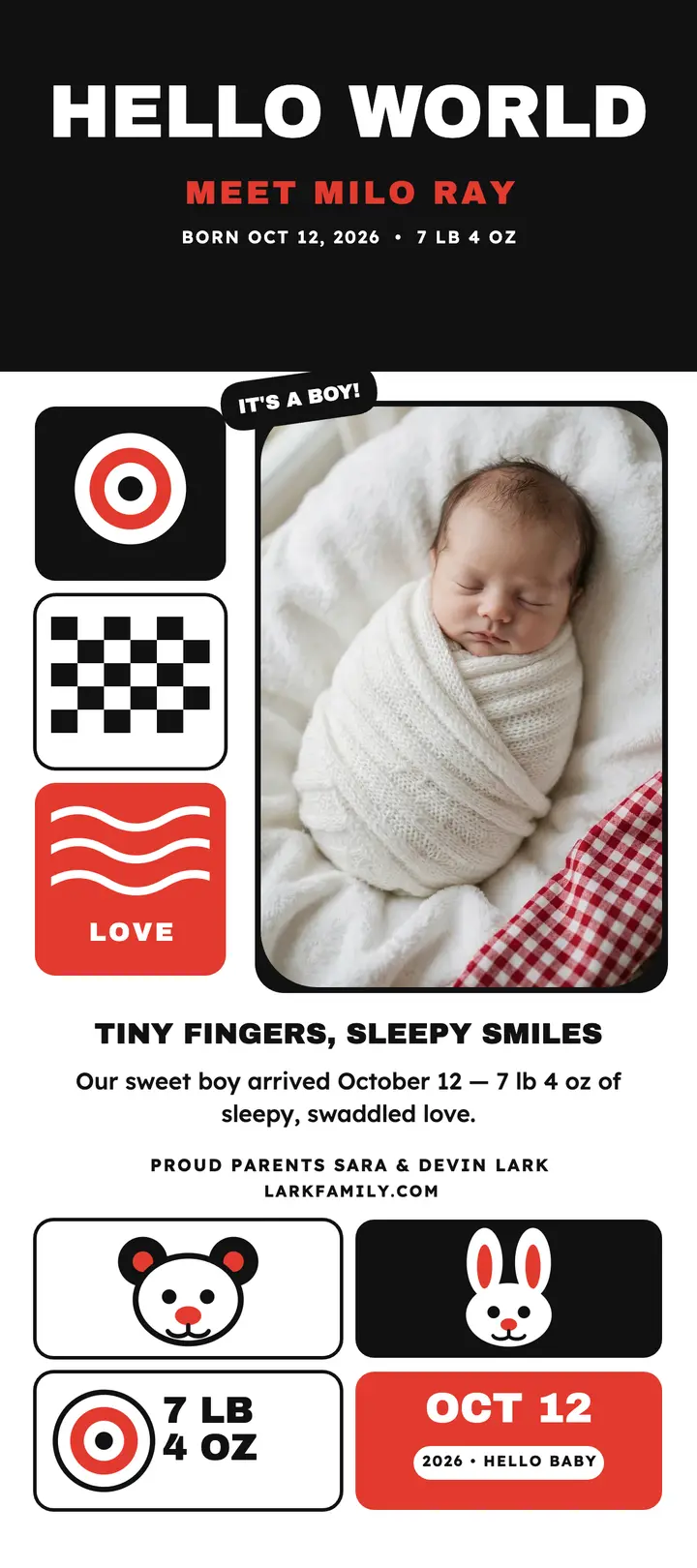 Milo Ray high-contrast baby announcement: baby announcement rack card template