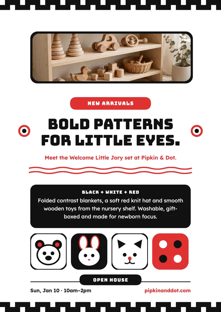 Pipkin and Dot contrast nursery flyer template