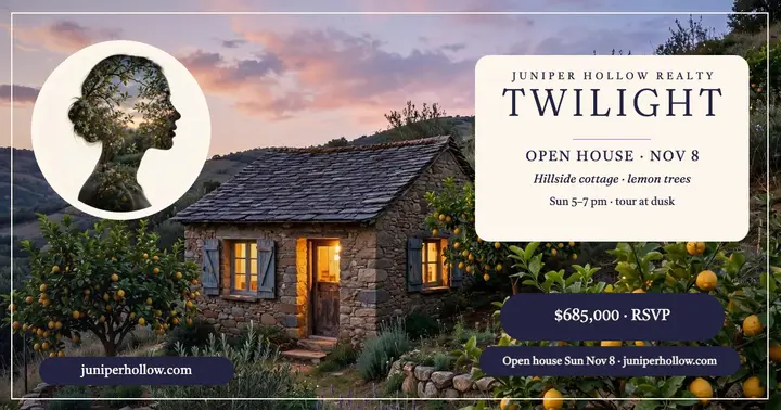 Hillside cottage twilight open house post template