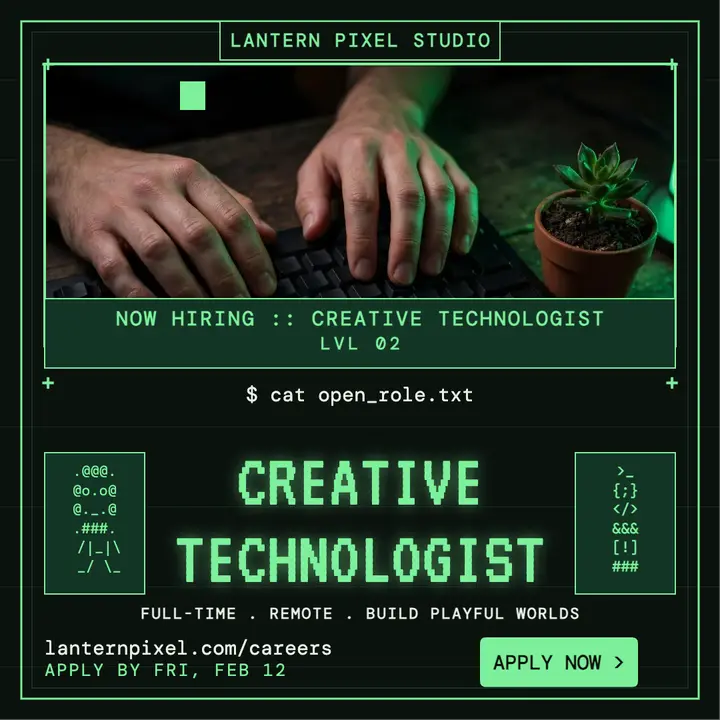 Lantern Pixel Studio hiring post, ascii terminal template