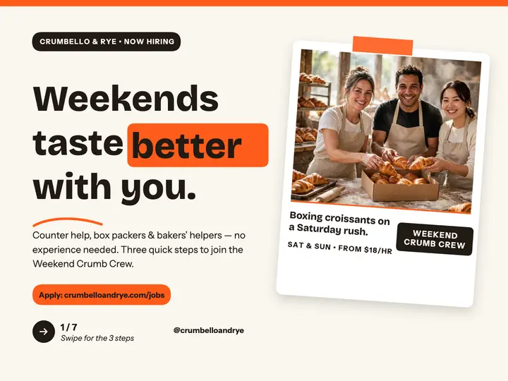 Crumbello and Rye weekend crew hiring slide: bakery hiring carousel template