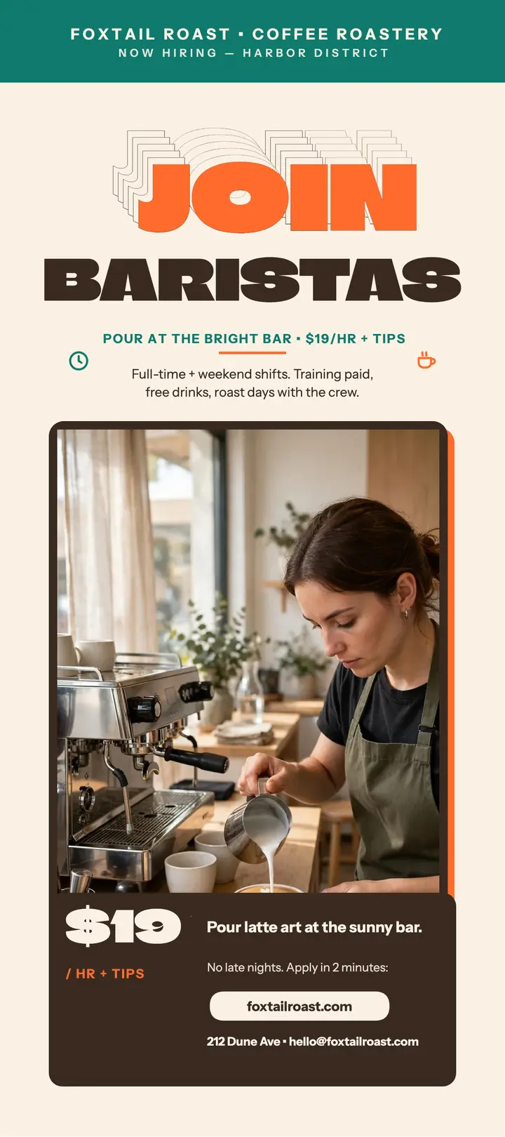 Foxtail Roast hiring baristas echo card template