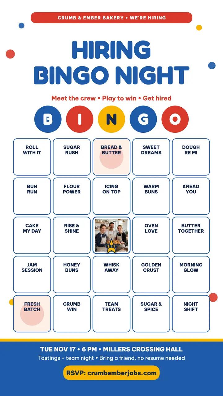 Crumb and Ember hiring bingo night story: hiring bingo story template