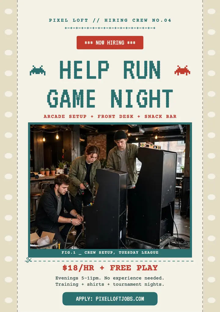 Pixel Loft arcade night crew hiring flyer template
