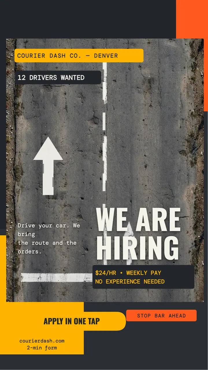 Courier Dash driver hiring road letters story: hiring drivers story template