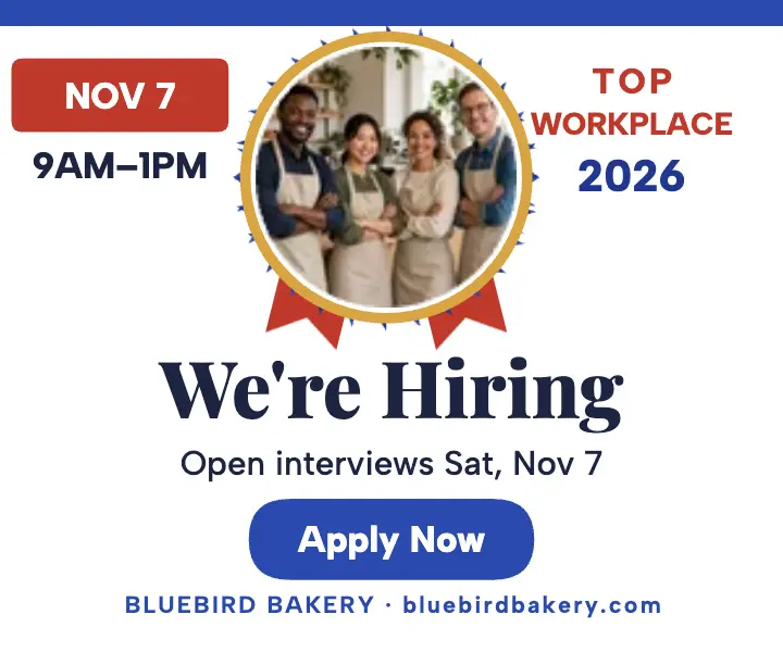 Bluebird Bakery hiring rosette ad: hiring ad rosette badge template