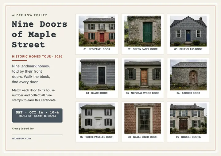 Alder Row nine doors tour certificate: historic homes certificate template