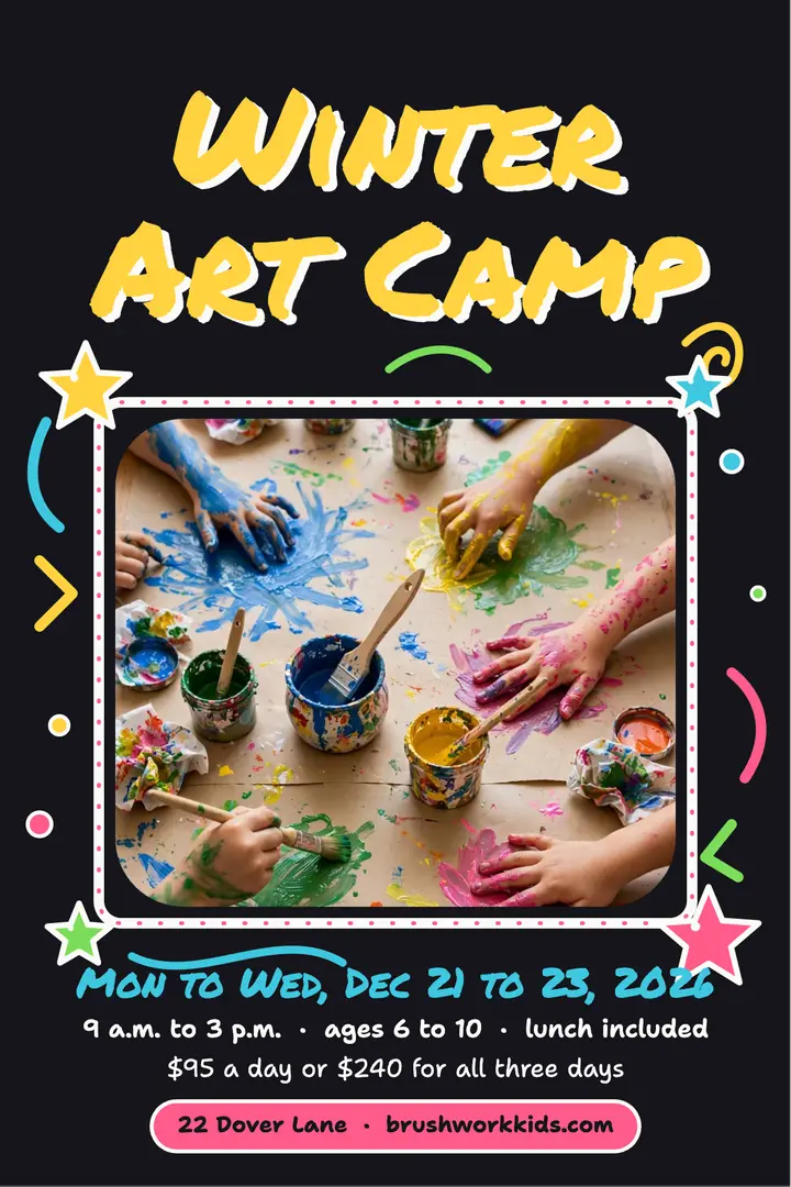 Winter art camp poster, paint-marker doodles template