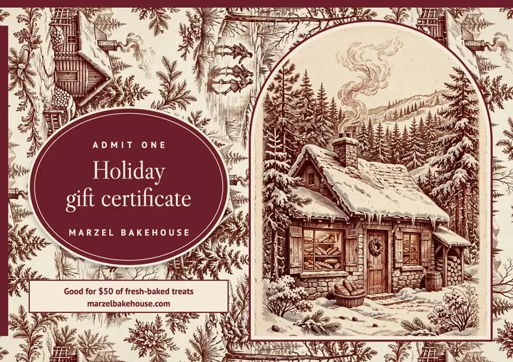 Marzel Bakehouse holiday gift certificate, winter toile template