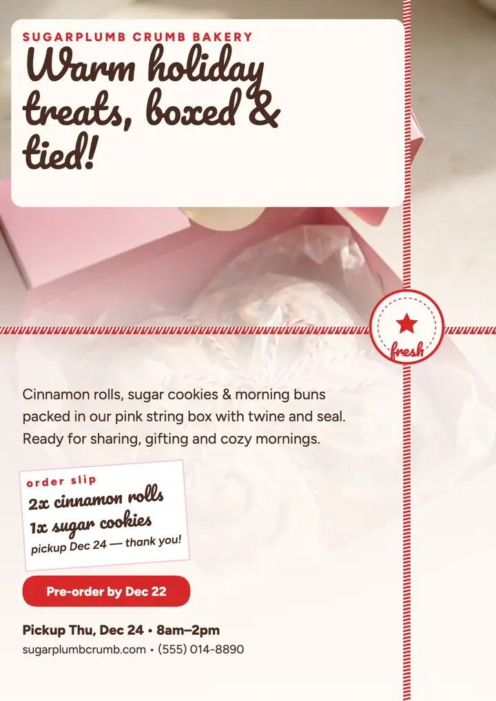 Sugarplumb Crumb holiday pre-order flyer template