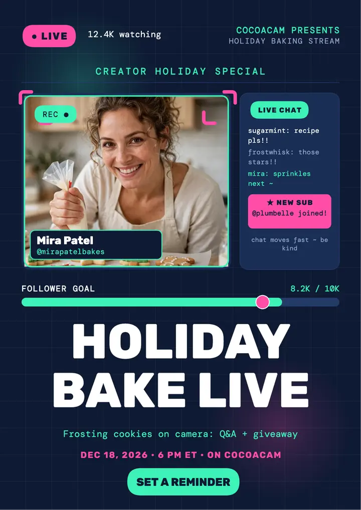 CocoaCam holiday baking livestream flyer template