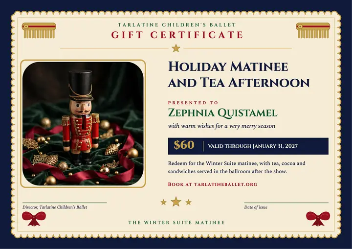 Holiday ballet matinee gift certificate, nutcracker template