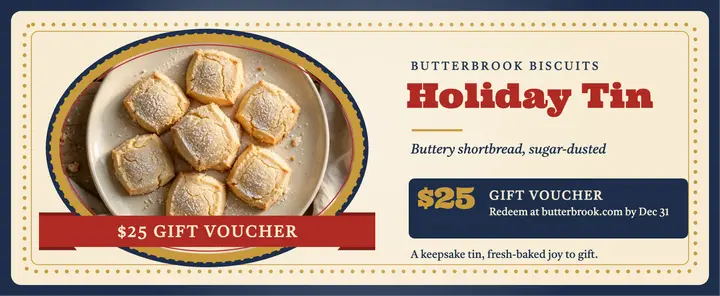 Butterbrook holiday biscuit tin voucher: holiday biscuit gift voucher template