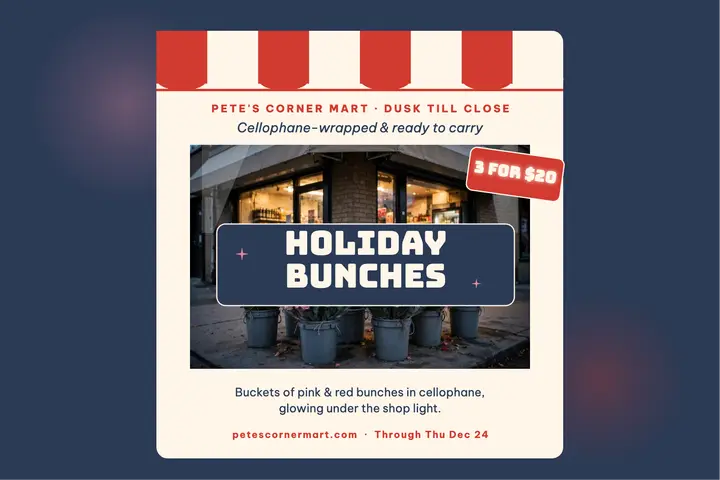 Pete's holiday bodega bouquet postcard template
