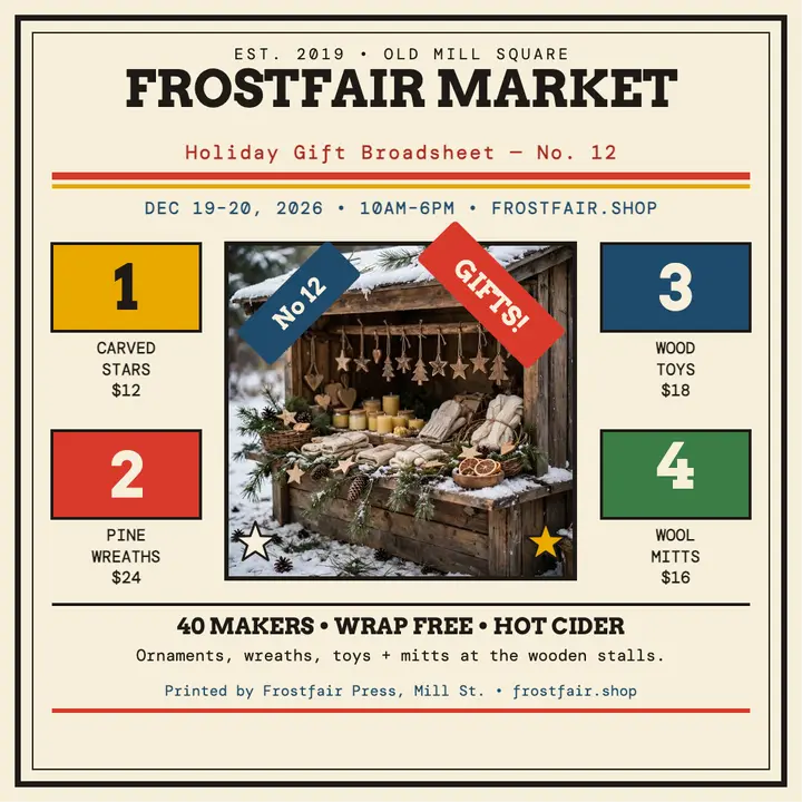 Frostfair gift broadsheet square post: holiday market gift post template